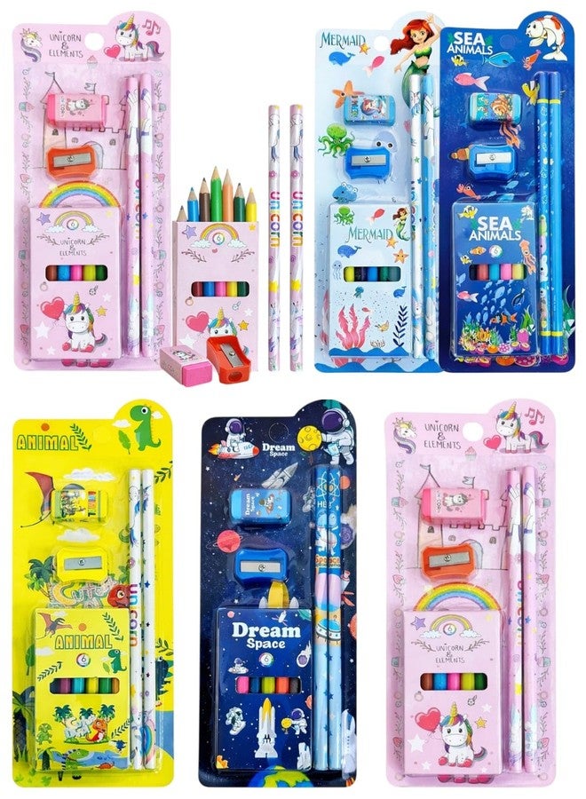 TERA13 Kids Stationery Set - Unicorn, Mermaid, Sea Animals & Dream Space | Pencil, Eraser, Sharpener & 6 Color Crayons Combo | School Supplies & Return Gift Pack for Girls & Boys (6 (Pcs)) - Image 1