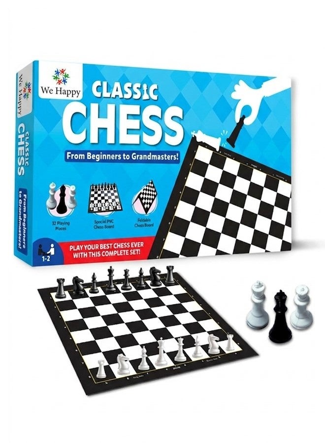 We Happy Classic Chess Board Game for Kids, Amazing Strategy Building Toy, Durable Black & White Foldable Set, 32 Pieces, 35 By 35 CM