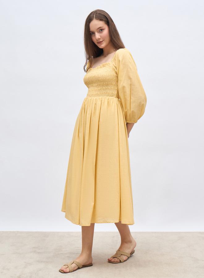 Styli Women Yellow Smocked Midi Dress - Image 3