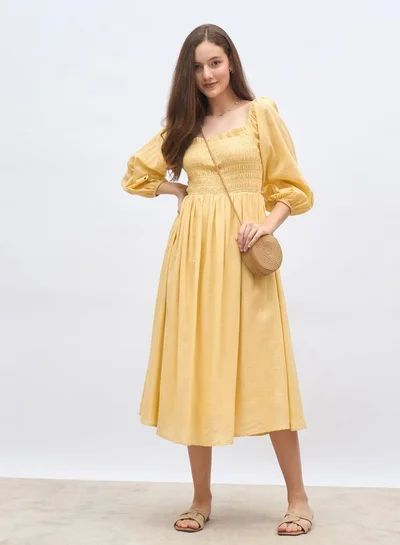 Styli Women Yellow Smocked Midi Dress