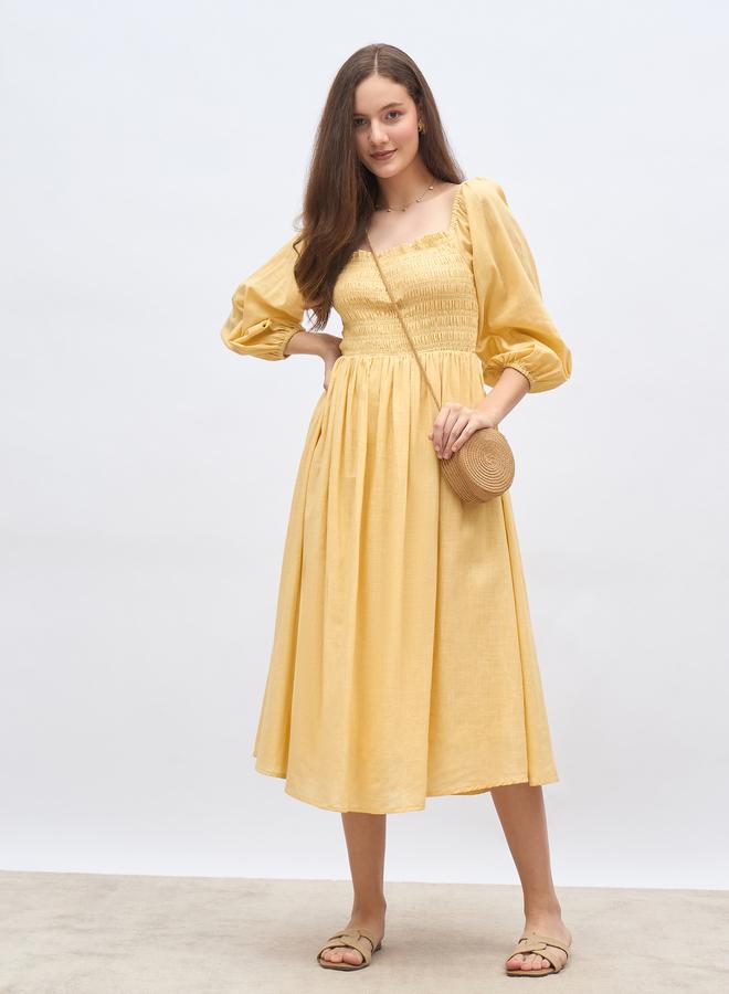 Styli Women Yellow Smocked Midi Dress - Image 1