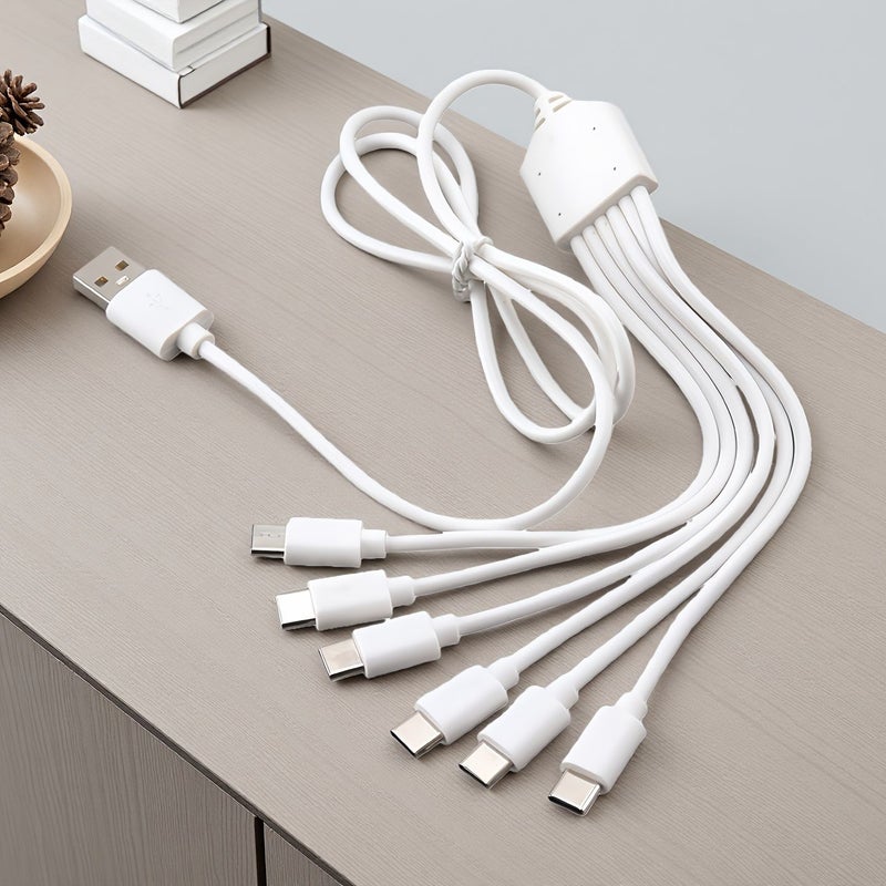 6 في 1 كابل شحن متعدد من USB إلى Type C مع 6 منافذ لمقسم USB C 5V 2A أبيض - Image 2