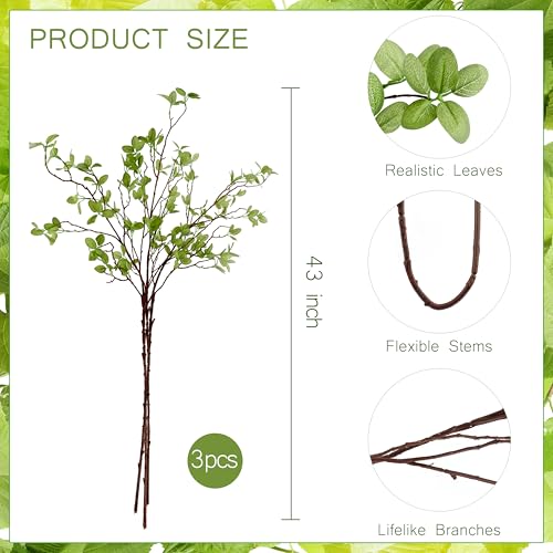 THAWAY 3 Pcs Artificial Eucalyptus Stems - 43 Inch Long Faux Eucalyptus Branches for Tall Vase Filler, Realistic Greenery Stems Fake Silk Leaves for Home Table Farmhouse Wedding Decor - Image 2