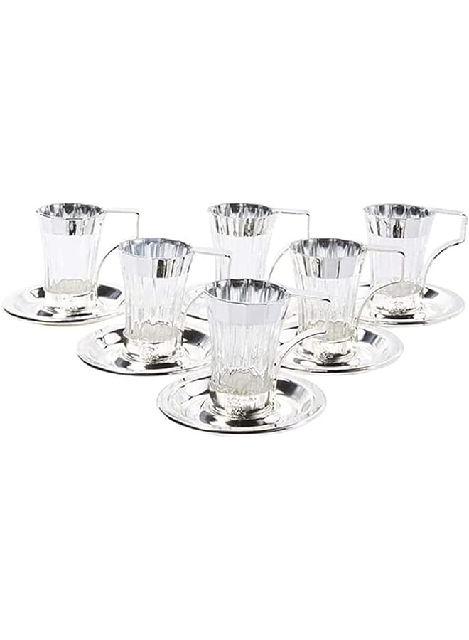 سوليتير طقم فناجين شاي وقهوة زجاج مع حامل حديد وصحون فناجين شاي بريطانية مكون من 6 قطع فضي - Image 1