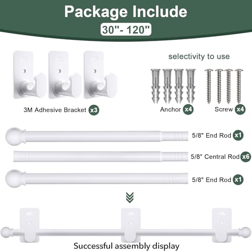 ZNONOX Curtain Rods No Drilling for Windows 30 to 120 Inches,5/8 Inch Diameter No Drill Curtain Rod Set with 3M Adhesive Brackets, White - Image 5