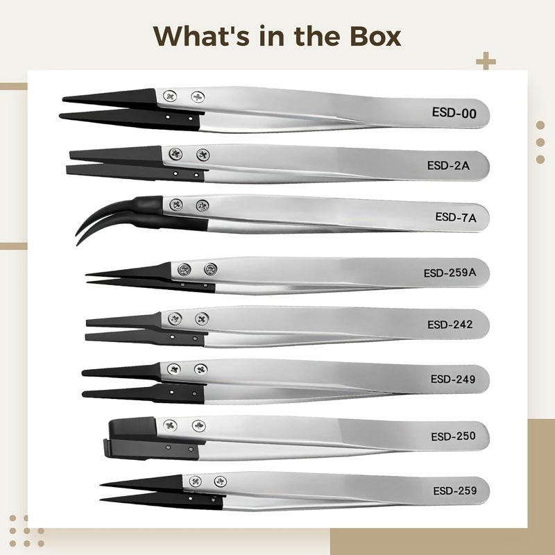 8-Piece Static-Safe Precision Tweezers Set with Replaceable Fiber Tips, Stainless Steel Tweezers for Jewelry Making, Lab, and Electronics Handling - Image 4