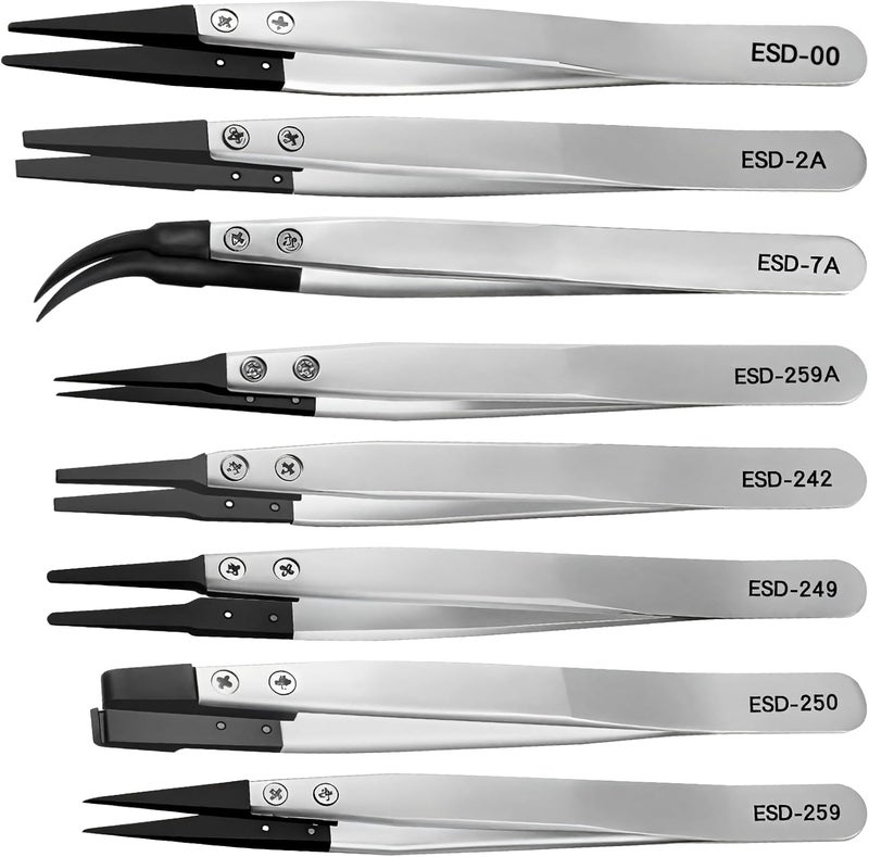 8-Piece Static-Safe Precision Tweezers Set with Replaceable Fiber Tips, Stainless Steel Tweezers for Jewelry Making, Lab, and Electronics Handling - Image 1