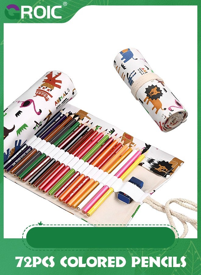 GROIC 72 Slots Pencil Wrap Rolls with Colored Pencil, Artist Pencils Roll Up Bag Short Brushes Pouch Case Organizer for Drawing Coloring and Sketching  - Image 1