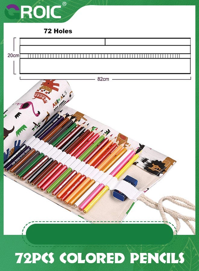 GROIC 72 Slots Pencil Wrap Rolls with Colored Pencil, Artist Pencils Roll Up Bag Short Brushes Pouch Case Organizer for Drawing Coloring and Sketching  - Image 2