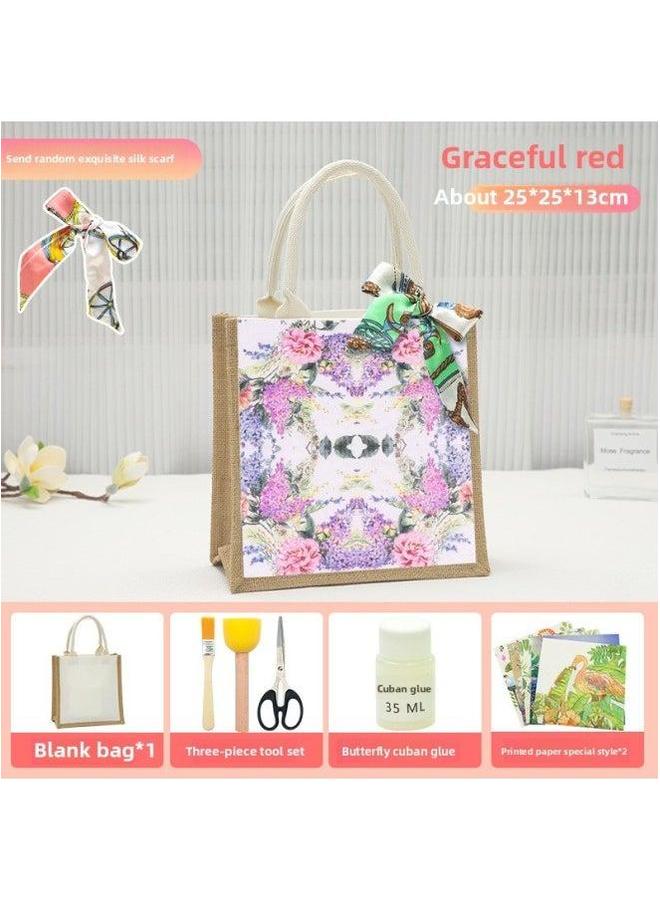 Thanksgiving Diy Handmade Butterfly Ancient Bart Canvas Tote Bag Sack Paste Group Building Parent-child Material Warm-up Field-Color:Butterfly Cuban Clay Purple Red Pack + Small Burlap Vertical Style  - Image 1