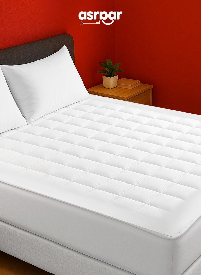 Premium 20 cm Thick Microfiber Mattress Topper with Soft Microfiber Filling - Breathable Bed Pad with Fitted Corner Edges - Enhances Comfort and Support for Better Sleep - Soft Fluffy Mattress Protector for Back Pain Relief, Deep Pocket Mattress Cover, Size - 200 x 200 cm White