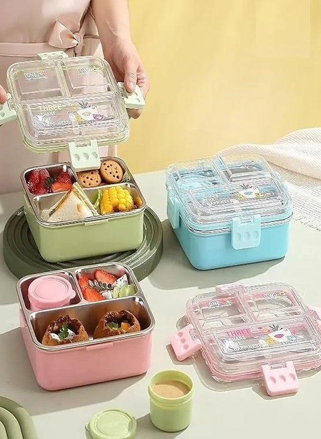Dhaval Stainless Steel Lunch Box for Kids & Adults – 3 & 4 Compartment Leakproof Tiffin Box with Spoon & Chopsticks | BPA-Free Bento Meal Prep Container with Microwave Safe Lid (Green, 3 Compartment) - Image 2
