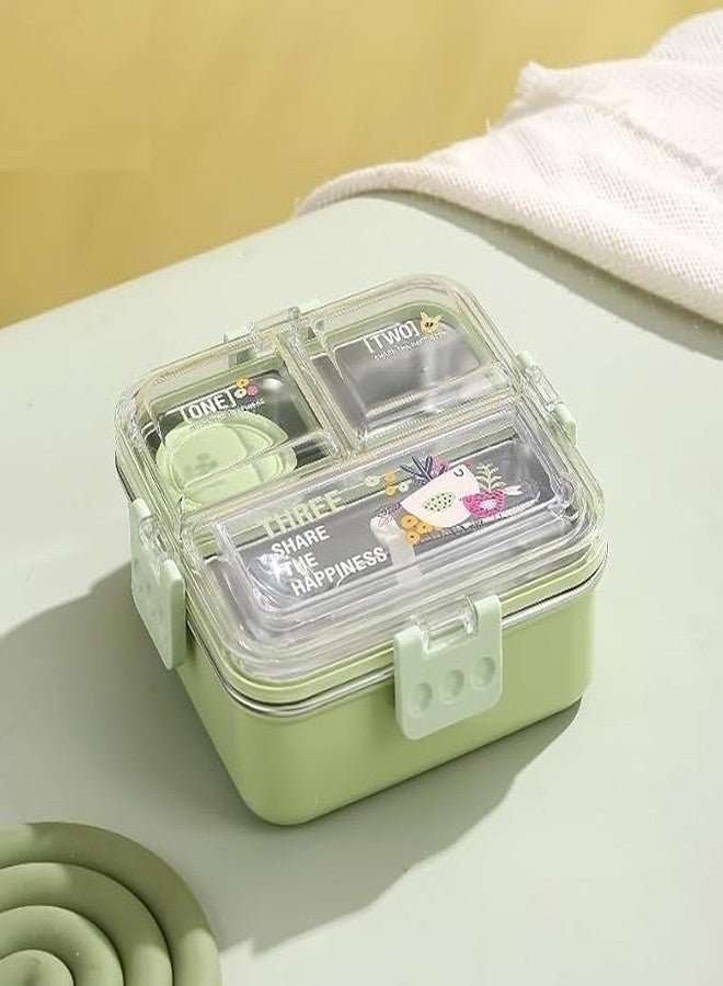 Dhaval Stainless Steel Lunch Box for Kids & Adults – 3 & 4 Compartment Leakproof Tiffin Box with Spoon & Chopsticks | BPA-Free Bento Meal Prep Container with Microwave Safe Lid (Green, 3 Compartment) - Image 1