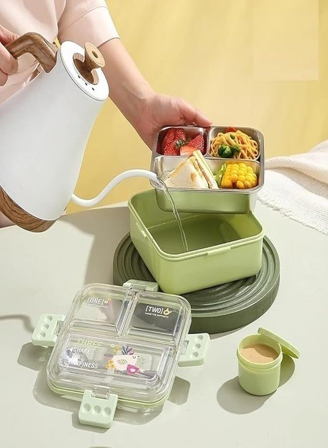 Dhaval Stainless Steel Lunch Box for Kids & Adults – 3 & 4 Compartment Leakproof Tiffin Box with Spoon & Chopsticks | BPA-Free Bento Meal Prep Container with Microwave Safe Lid (Green, 3 Compartment) - Image 3