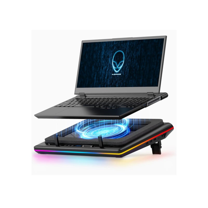 Barakah RGB Laptop Cooling Pad with Powerful Turbofan, Gaming Laptop Cooler Radiator with Infinitely Variable Speed, Touch Control, LCD Screen, 3-Port USB Hub, Seal Foam for Rapid Cooling Laptop 15-19in - Image 1