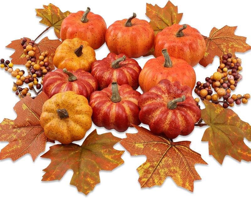 CHEAWRTZ Realistic Mini Pumpkin Decor Indoor 16PCS Artificial Pumpkins for Fall Decorations for Home Fall Centerpieces for Tables Outdoor Thanksgiving Halloween Party/Berries Maple Leaf Autumn Fillers decor - Image 1