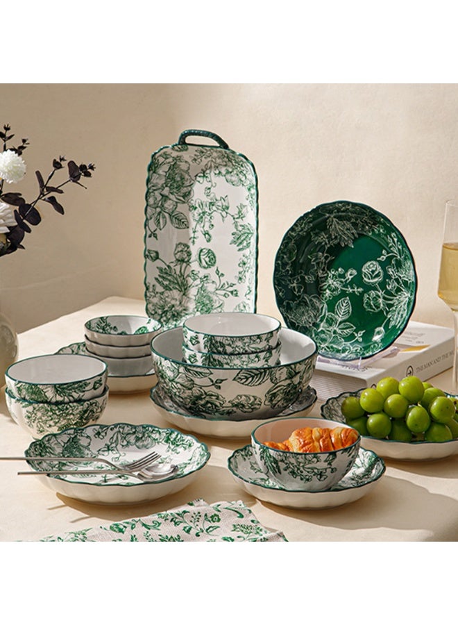 AiQi 15Pcs Green Rose Queen Dinnerware Set | European Romantic Vintage | High-End Underglaze Ceramic | Microwave & Oven Safe | Perfect Gift for Wedding & Daily Use | Dark Green Hand-Painted Rose Motif - Image 1