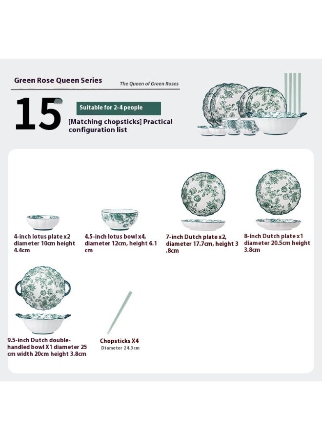 AiQi 15Pcs Green Rose Queen Dinnerware Set | European Romantic Vintage | High-End Underglaze Ceramic | Microwave & Oven Safe | Perfect Gift for Wedding & Daily Use | Dark Green Hand-Painted Rose Motif - Image 2