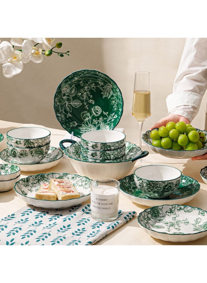 AiQi 15Pcs Green Rose Queen Dinnerware Set | European Romantic Vintage | High-End Underglaze Ceramic | Microwave & Oven Safe | Perfect Gift for Wedding & Daily Use | Dark Green Hand-Painted Rose Motif - Image 4
