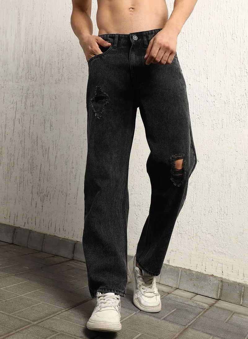 Hubberholme  Men's Grey 100% Cotton Bleached Full Length Loose Jeans for Men | Best Price UAE