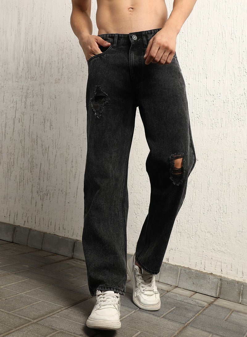 Hubberholme Men's Grey 100% Cotton Bleached Full Length Loose Jeans - Image 3