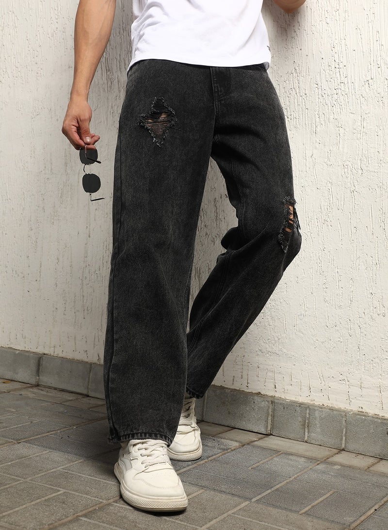 Hubberholme Men's Grey 100% Cotton Bleached Full Length Loose Jeans - Image 1