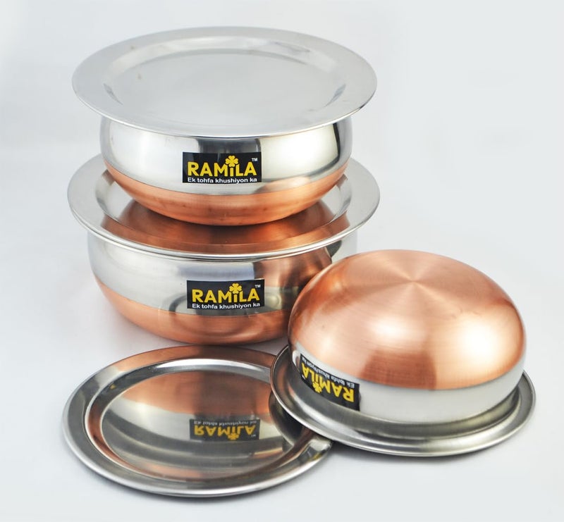 Ramila Brand Stainless Steel Handi Set with Lid Cookware Set for Serving and Cooking in The Kitchen Copper Bottom Vessels for Induction 750ML 1000ML 1500ML - Image 2