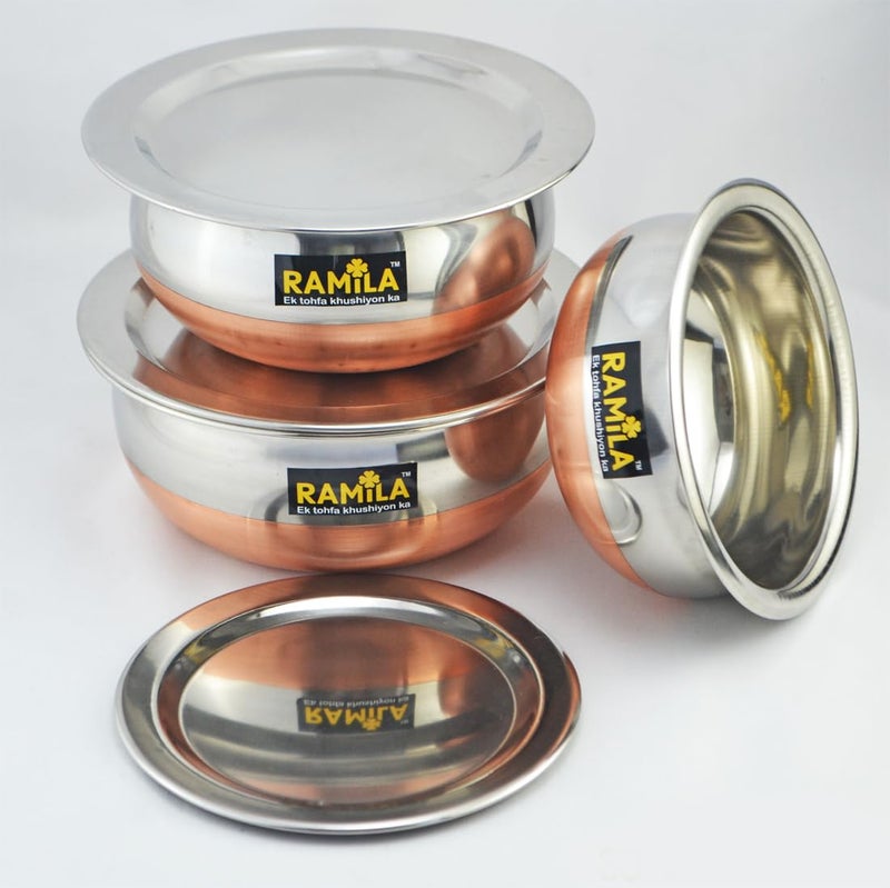 Ramila Brand Stainless Steel Handi Set with Lid Cookware Set for Serving and Cooking in The Kitchen Copper Bottom Vessels for Induction 750ML 1000ML 1500ML - Image 3