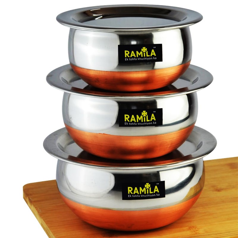 Ramila Brand Stainless Steel Handi Set with Lid Cookware Set for Serving and Cooking in The Kitchen Copper Bottom Vessels for Induction 750ML 1000ML 1500ML - Image 1