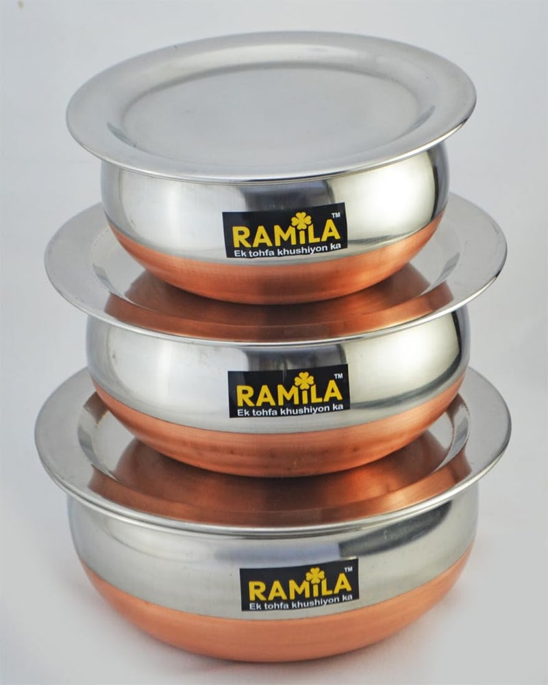 Ramila Brand Stainless Steel Handi Set with Lid Cookware Set for Serving and Cooking in The Kitchen Copper Bottom Vessels for Induction 750ML 1000ML 1500ML - Image 5