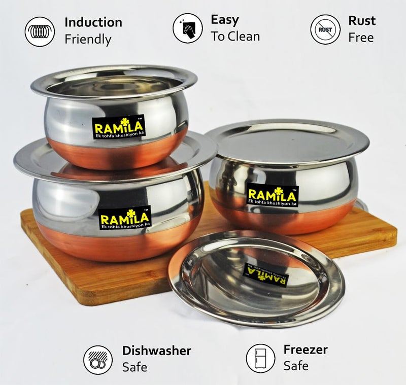 Ramila Brand Stainless Steel Handi Set with Lid Cookware Set for Serving and Cooking in The Kitchen Copper Bottom Vessels for Induction 750ML 1000ML 1500ML - Image 4