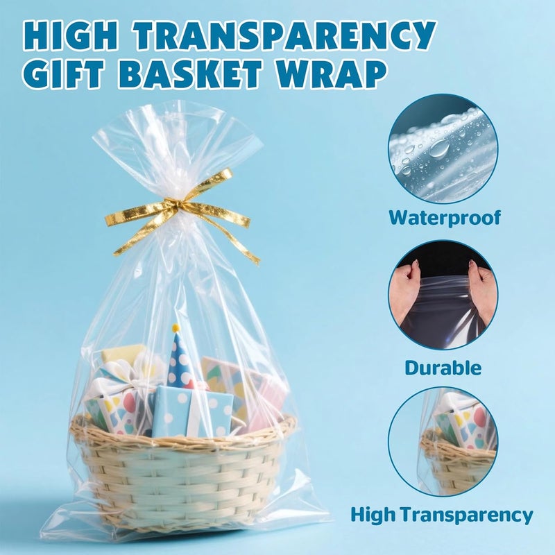 NUITPY 40 Pcs Cellophane Bags for Gift Baskets - 16 x 24 Inches Clear Wrap with Golden Twist Ties - Image 3