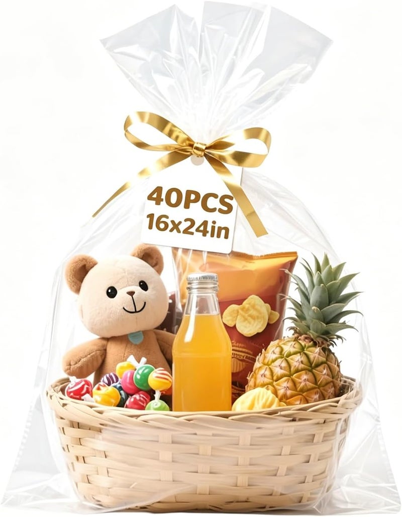 NUITPY 40 Pcs Cellophane Bags for Gift Baskets - 16 x 24 Inches Clear Wrap with Golden Twist Ties - Image 1
