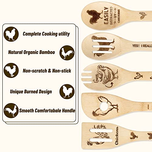 Eartim Rooster Chicken Wooden Spoons Utensils Set - 5Pcs Non-Stick Cooking Utensils Carve Burned Bamboo Spoons Spatula Kitchen Cookware Gadget Decor Kit Farmhouse Housewarming Present Gift for Parents - Image 4