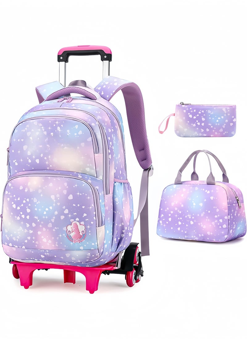 GGEROU 3Pcs Rolling Backpack for Girls Dream Princess Wind Bookbag with Wheels Travel Bag Trolley School Bag with Lunch Box Purple  - Image 1