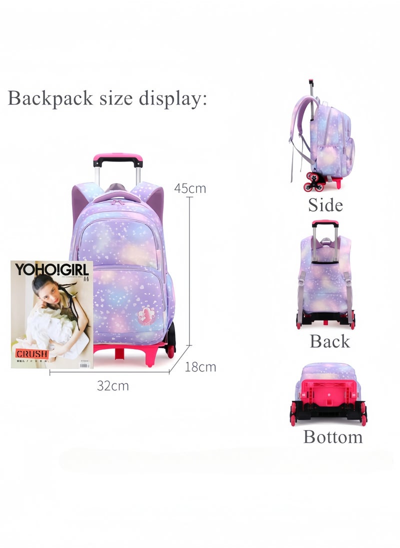 GGEROU 3Pcs Rolling Backpack for Girls Dream Princess Wind Bookbag with Wheels Travel Bag Trolley School Bag with Lunch Box Purple  - Image 2