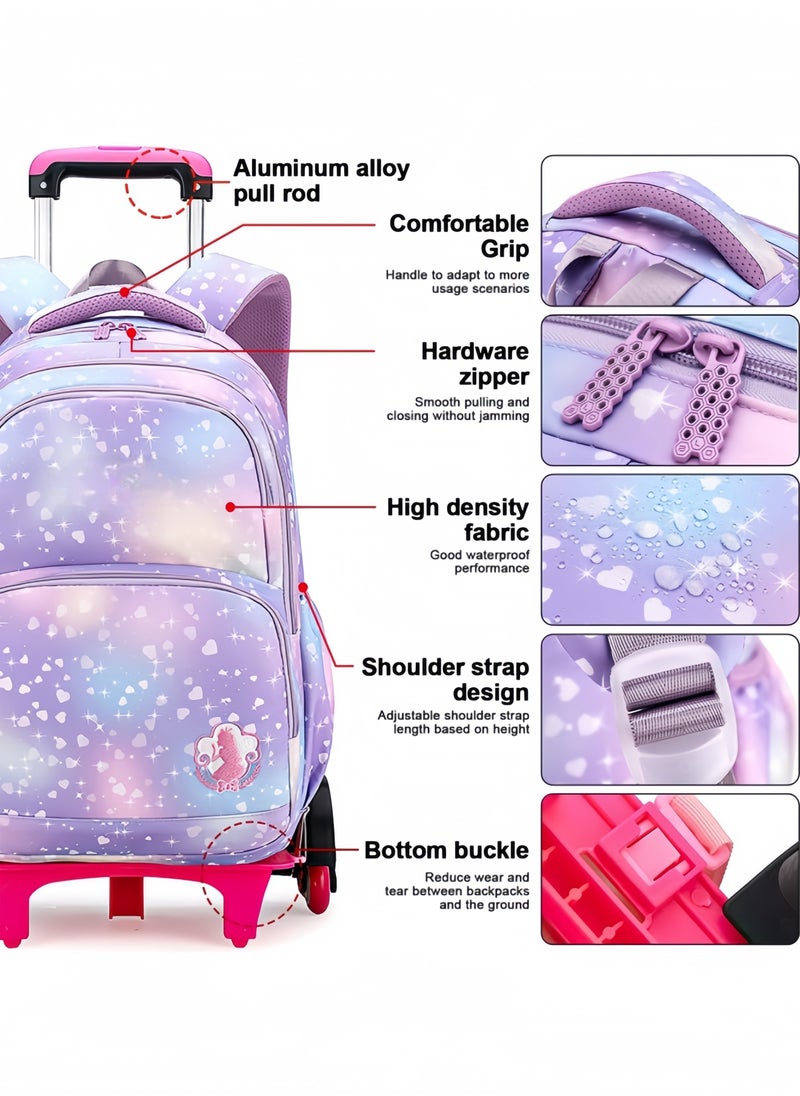 GGEROU 3Pcs Rolling Backpack for Girls Dream Princess Wind Bookbag with Wheels Travel Bag Trolley School Bag with Lunch Box Purple  - Image 3