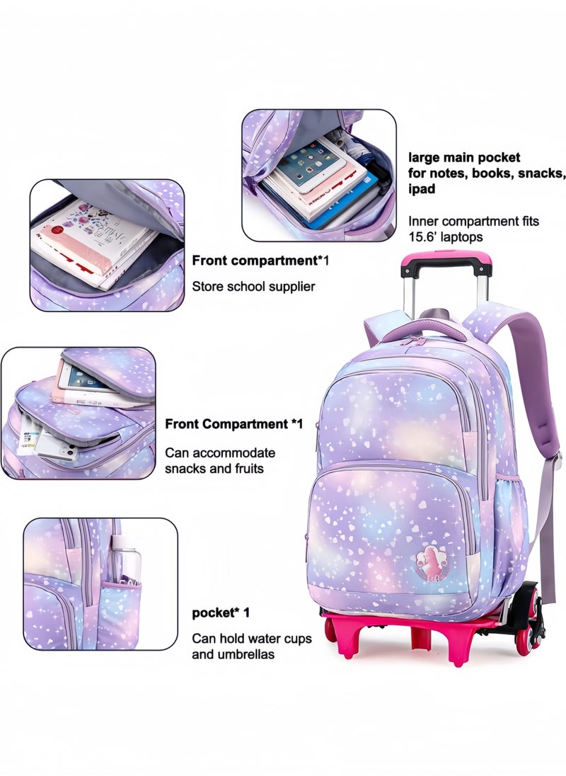 GGEROU 3Pcs Rolling Backpack for Girls Dream Princess Wind Bookbag with Wheels Travel Bag Trolley School Bag with Lunch Box Purple  - Image 4