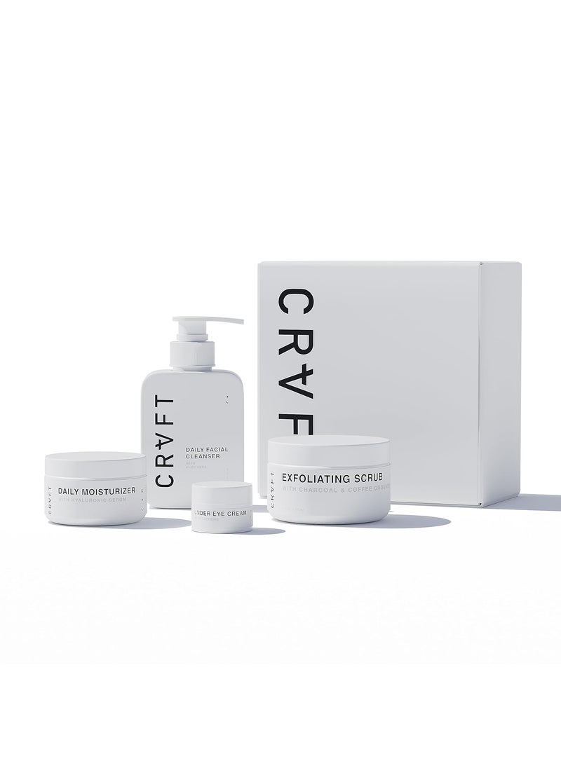 Hair Craft Co. CRVFT Mens Facial Care Kit  Aloe Vera Face Wash 3oz  Hyaluronic Moisturizer 1oz  Charcoal Exfoliating Scrub 17oz  Mens Under Eye Cream 025oz  4 Piece Complete Daily Skin Care System Scented 