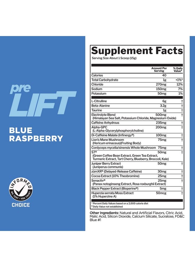 Rule 1 Proteins - Rule 1 preLIFT Pre-Workout, 6g Citrulline, 3.2g Beta Alanine, 3 Caffeine Sources + 20 Others for Energy, Alertness, & Endurance (30 Servings, Blue Raspberry) - Image 1