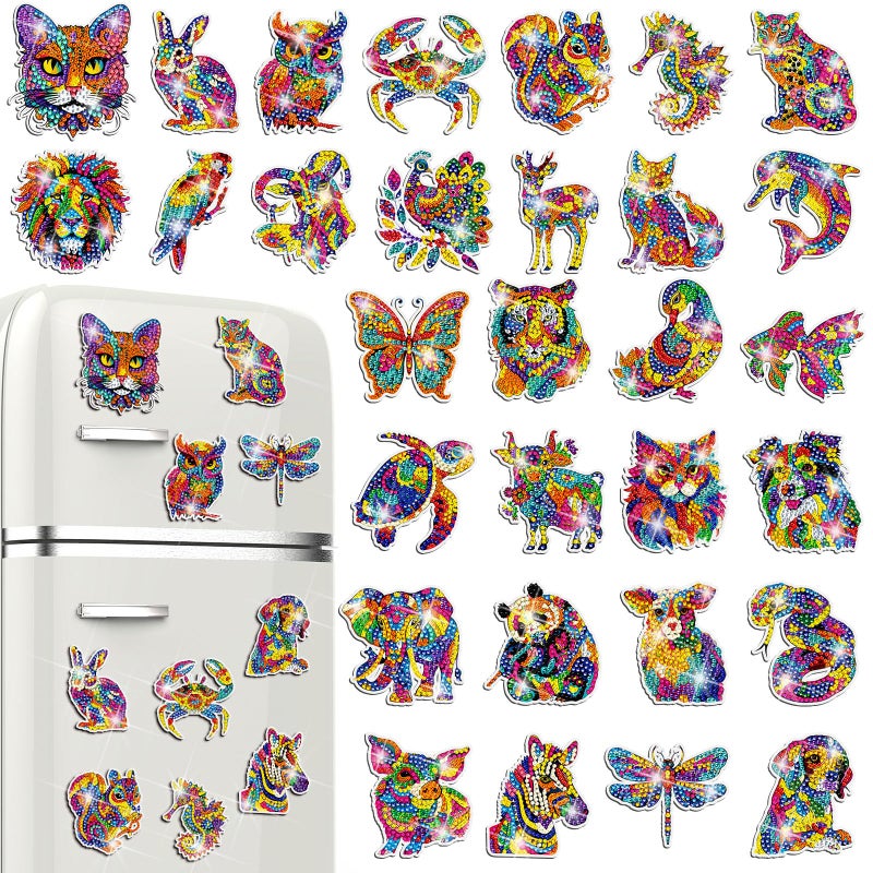 Remuuly 30 Pcs Diamond Painting Magnets Summer Diamond Art Magnet Kits for Adults Spring Flower Animal Cupcake 5D Rhinestones Refrigerator Magnetic Stickers for Fridge DIY Crafts Gifts(Animal) - Image 1
