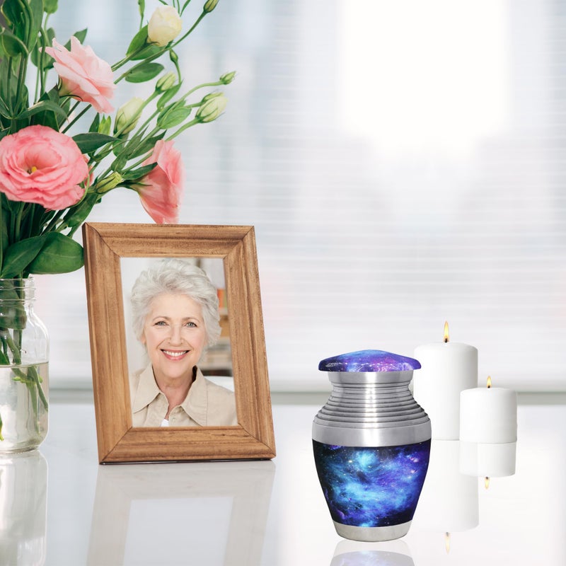 M MEILINXU Small Keepsake Urn for Ashes Adult Male & Female, Mini Urns for Human Ashes Man & Women, Funeral Decorative Cremation Container, Aurora Borealis, Blue Cosmic Galaxy Urns - Little - Image 5