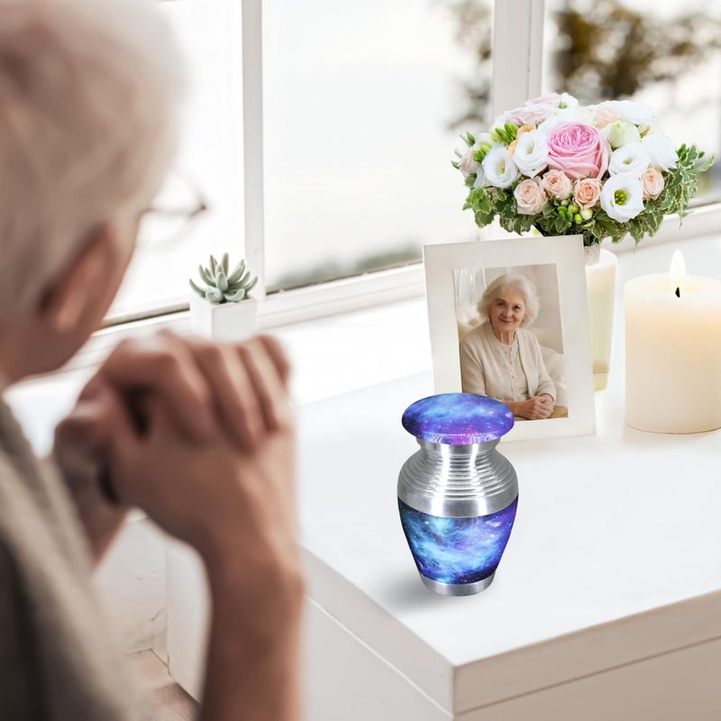 M MEILINXU Small Keepsake Urn for Ashes Adult Male & Female, Mini Urns for Human Ashes Man & Women, Funeral Decorative Cremation Container, Aurora Borealis, Blue Cosmic Galaxy Urns - Little - Image 3