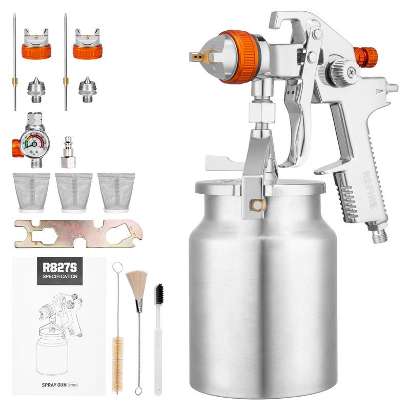 REFINE HVLP Spray Gun Siphon Air Paint Sprayer Gun with 17mm 2mm Nozzle Sets 1000CC Automotive Paint Gun with Air Regulator Professional for Car Furniture House Painting