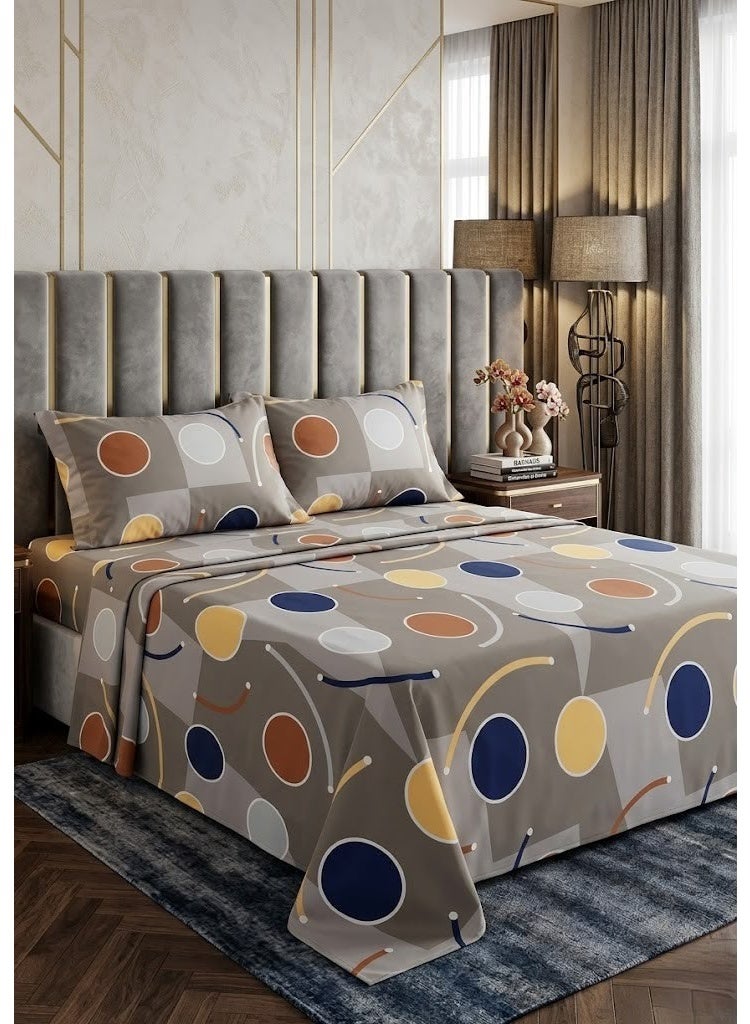 Ever Home Modern Abstract Geometric Circle Flat Bed Sheet Set in Grey & Multi - 125 GSM Soft Pattern Fabric, Includes 2 Matching Pillowcases - Image 4