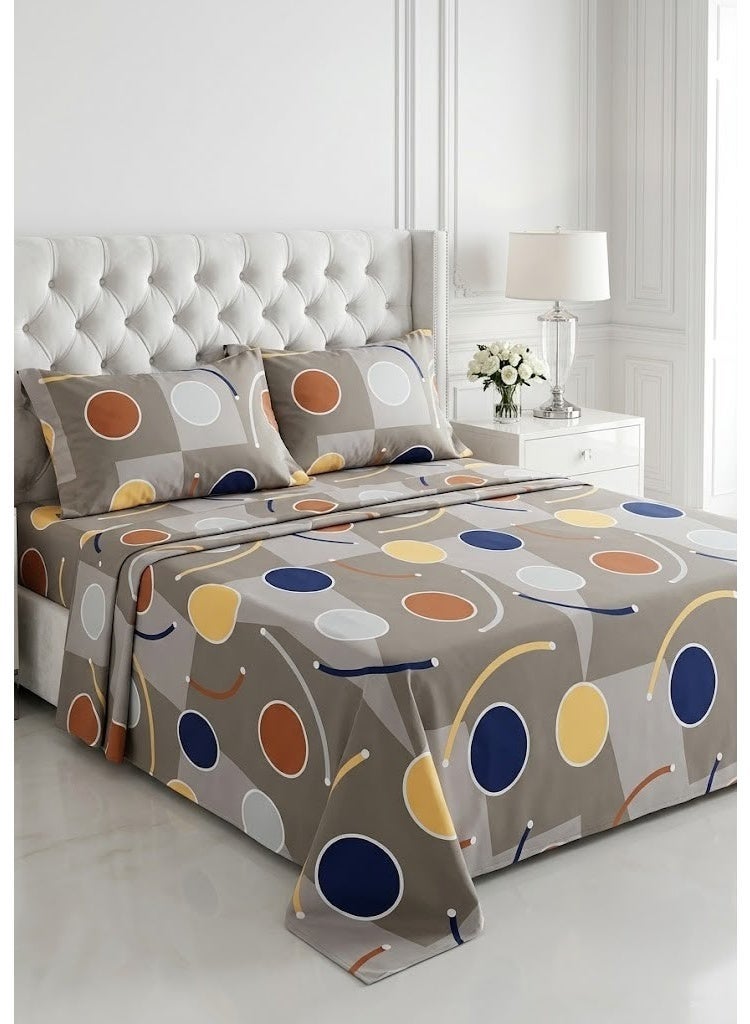 Ever Home Modern Abstract Geometric Circle Flat Bed Sheet Set in Grey & Multi - 125 GSM Soft Pattern Fabric, Includes 2 Matching Pillowcases - Image 1