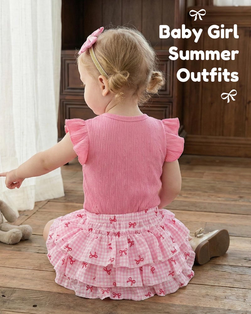 Mioglrie Baby Girl Clothes 0-3 Months Infant Newborn Baby Girls Outfits Summer Pink Floral Short Sets Ruffle Sleeveless Clothes Newborn Girl Outfits - Image 3