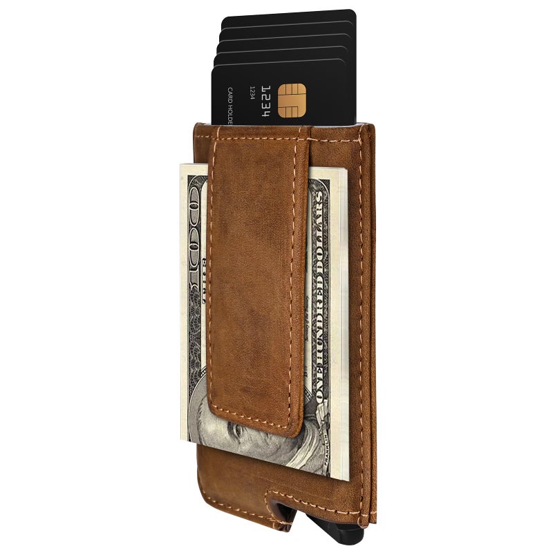 Dinghao RFID Blocking Slim Money Clip Aluminum Wallet Automatic Pop-up Card Case (Texas Brown) - Image 1