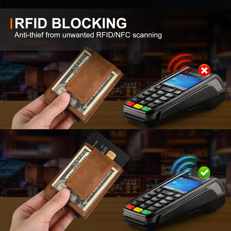Dinghao RFID Blocking Slim Money Clip Aluminum Wallet Automatic Pop-up Card Case (Texas Brown) - Image 4