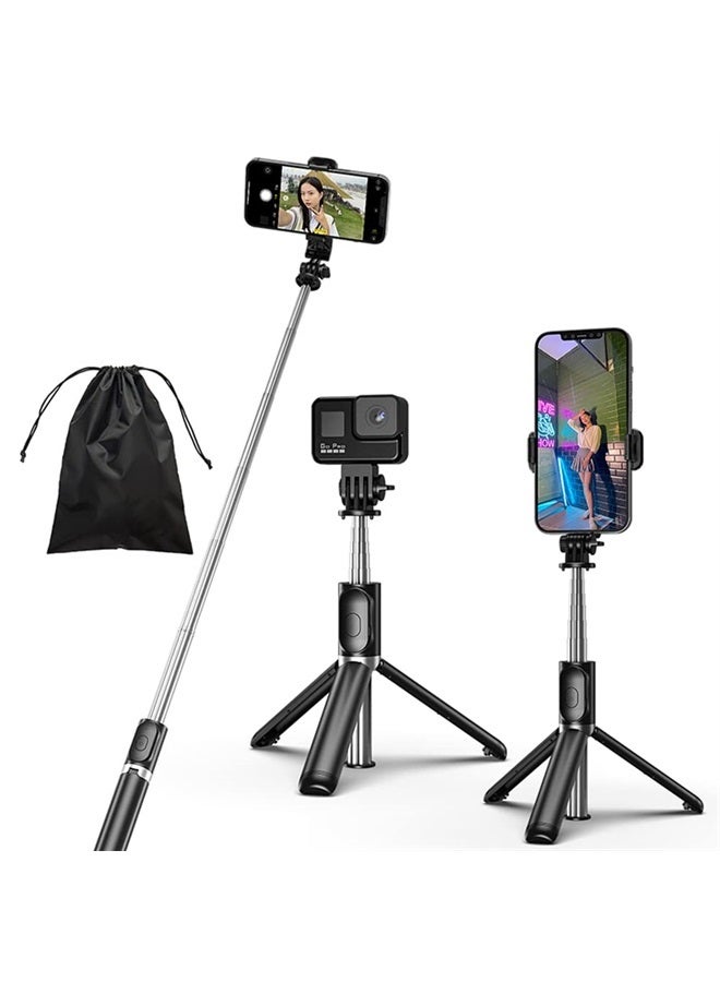 KOMI Selfie Stick - 4 in 1 Selfie Stick Tripod Mini Extendable Phone Tripod Portable with Detachable Wireless Remote Compatible with iPhone Samsung Camera Android(Black) - Image 1